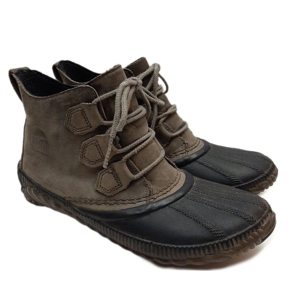 SOREL Out 'N About Waterproof Duck Rain Ankle Boot Bootie Leather Taupe Sz 9